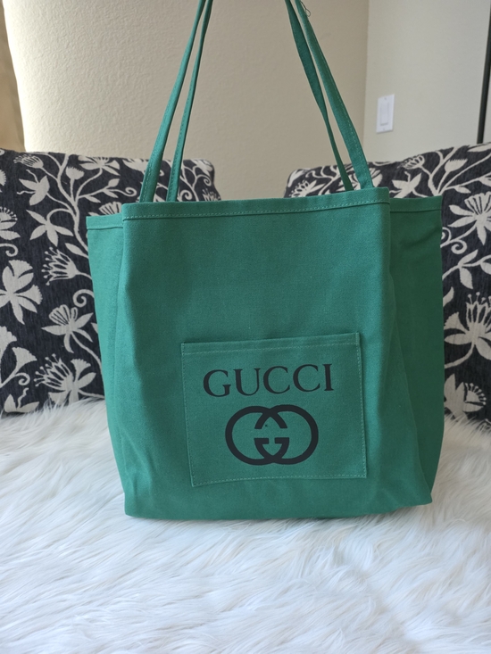 None Handbags - Green Canvas Tote Bag With Black Print